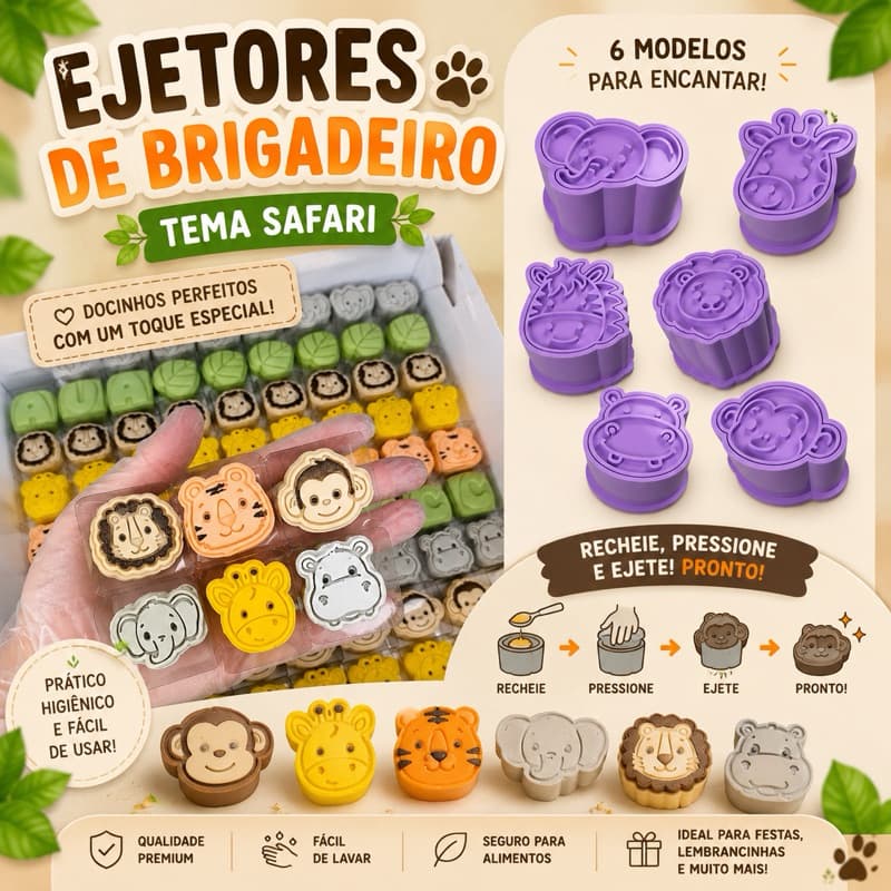 Kit 6 Ejetores de Brigadeiro Tema Safari | Cortadores para Docinhos | Fácil de Usar Festa Infantil Model Confeitaria