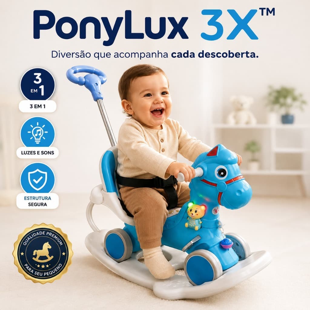 Cavalinho Infantil 3 em 1 Empurrador Balanço Passeio com Luz e Sons PonyLux 3X Azul