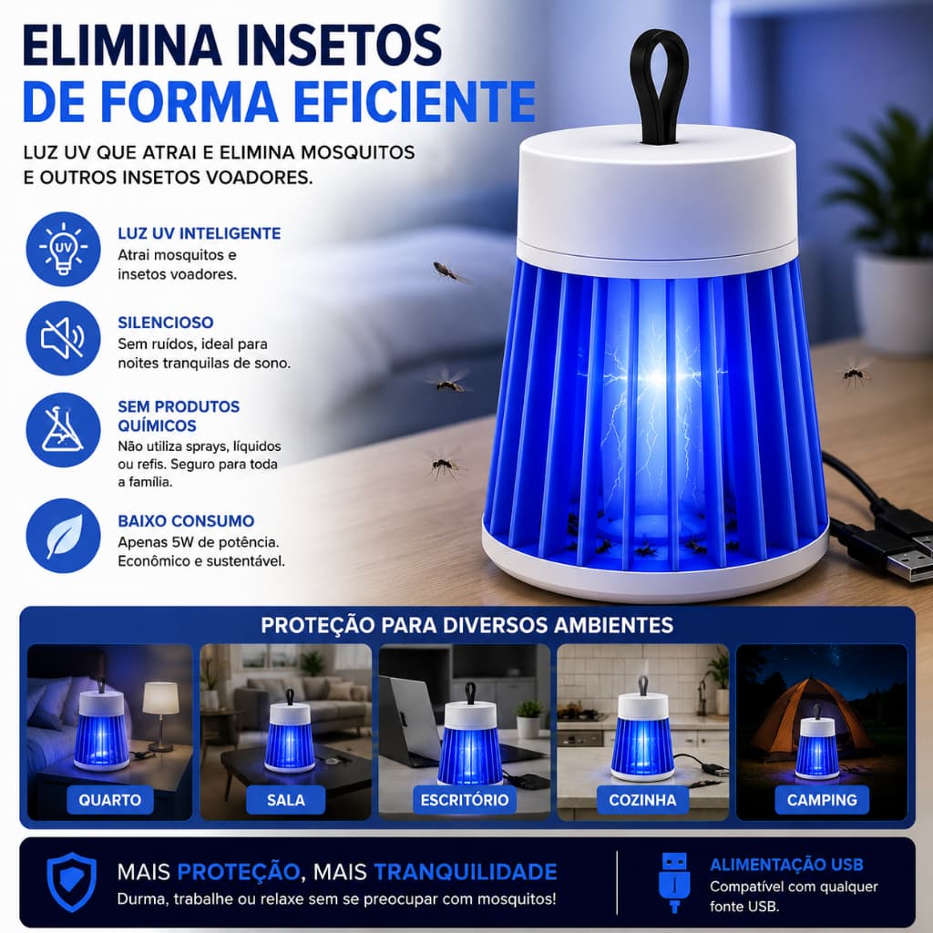 Luminária Mata Mosquito USB MosquiGuard™ Armadilha Elétrica Anti Insetos Repelente Portátil Luz UV Silenciosa Sem Produt