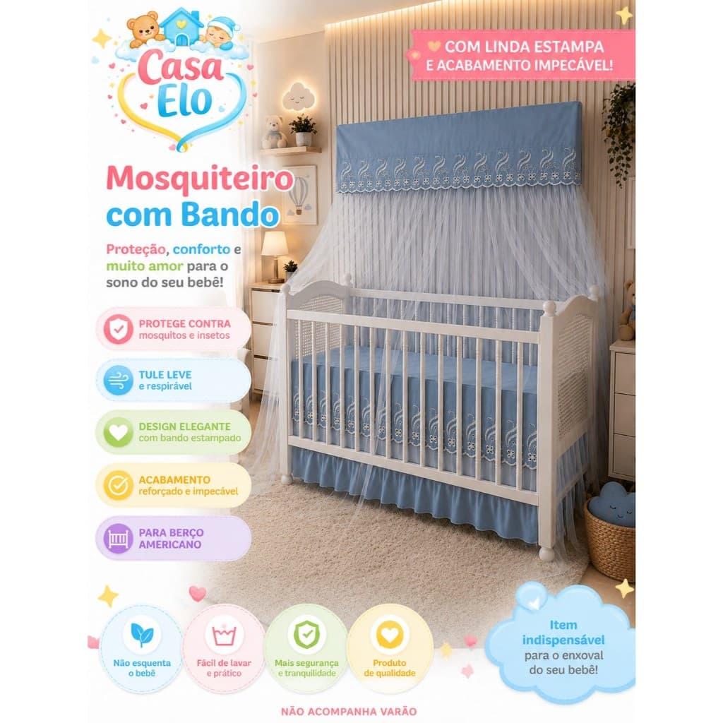Mosquiteiro Infantil com Bando para Berço Americano Tule Branco Sem Varal Recém Nascido