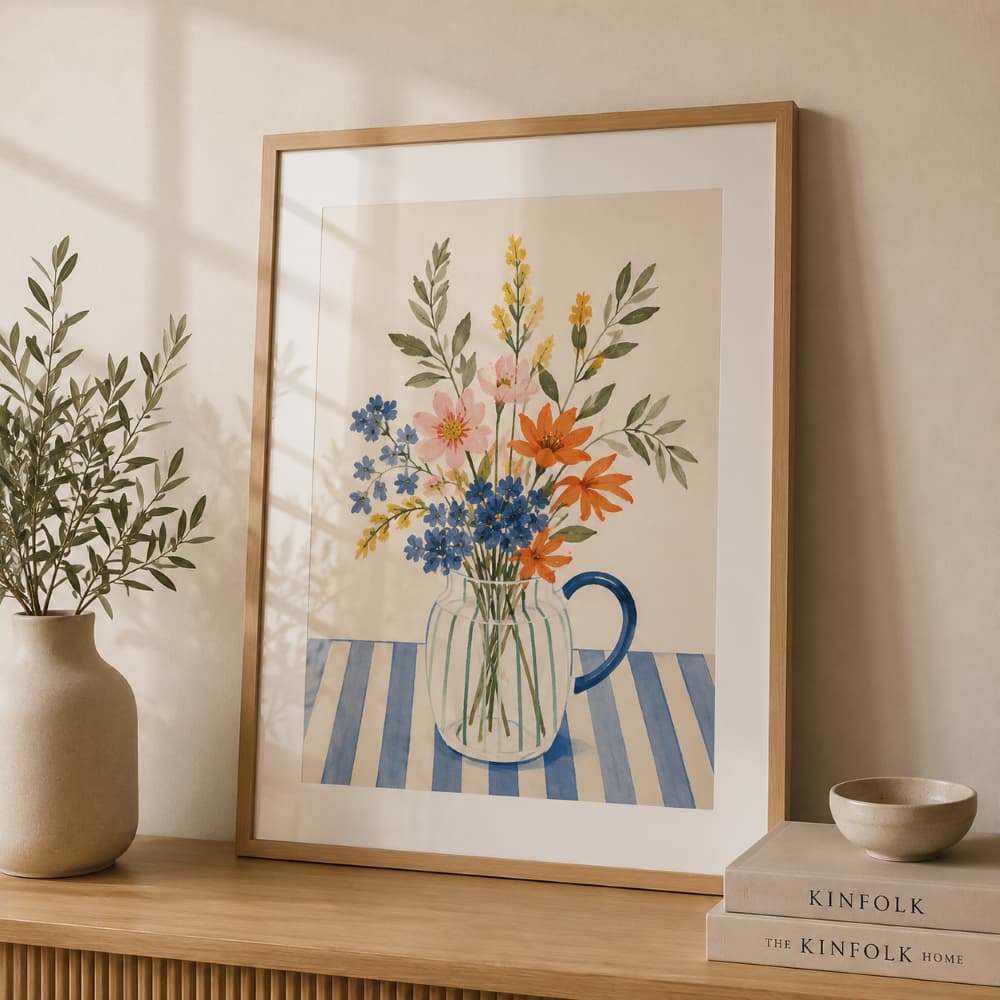 Quadro Decorativo Sala Cozinha Vaso de Plantas Azul Minimalista Moderno Farm House