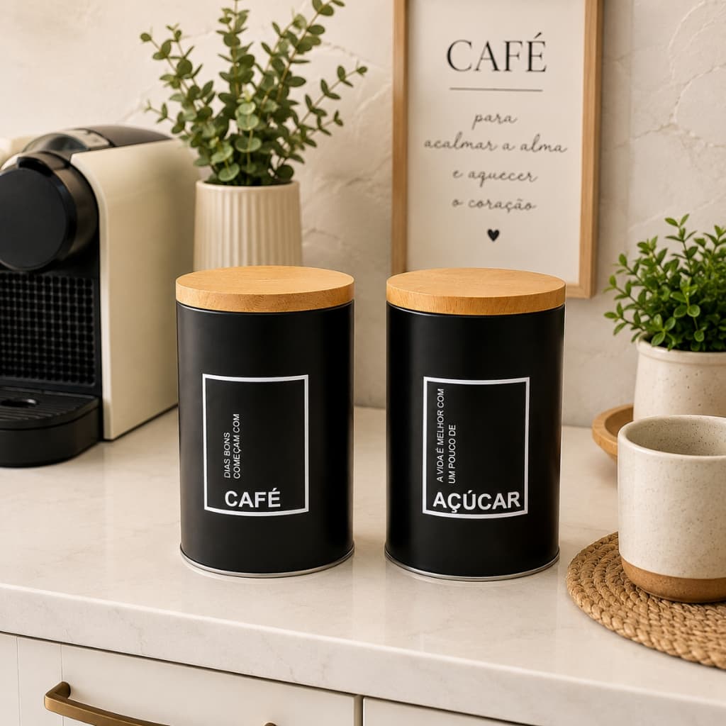 Kit Porta Mantimento Metal Preto Café Açúcar Tampa Pote Organizador Cozinha Lata 19cm Preta
