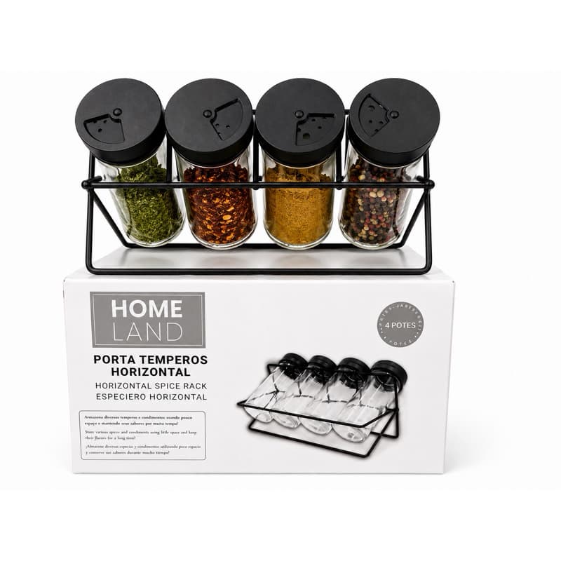 Kit Porta Temperos 4 Potes de Vidro com Tampa Dosadora e Suporte
