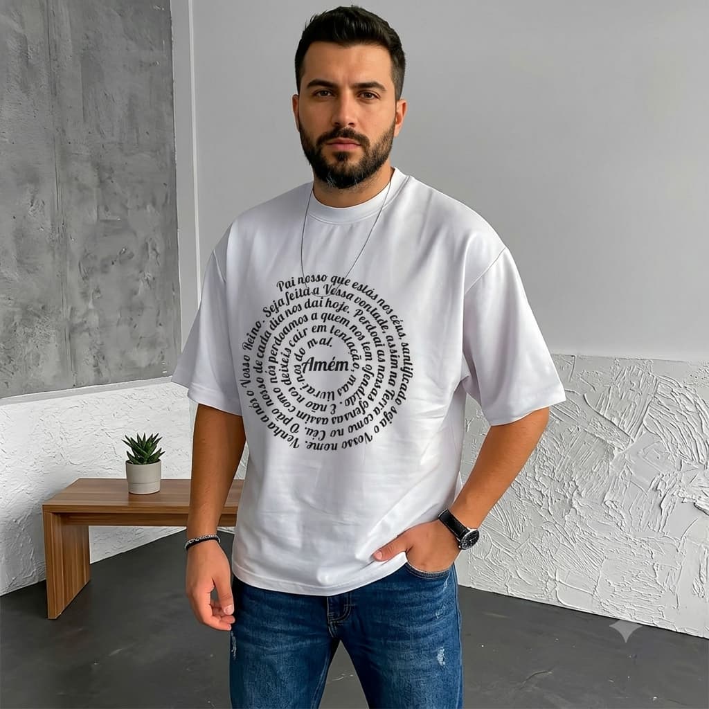 Camiseta Masculina Religiosa Camisa Estampada Oração Pai Nosso Tecido Premium 100% Algodão