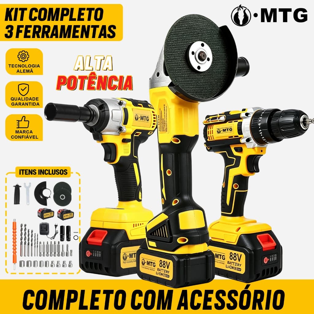 Conjunto 3 Ferramentas Recarregável MTG 88V Parafusadeira Chave Impacto Esmerilhadeira Angular Maleta Completa com Acess