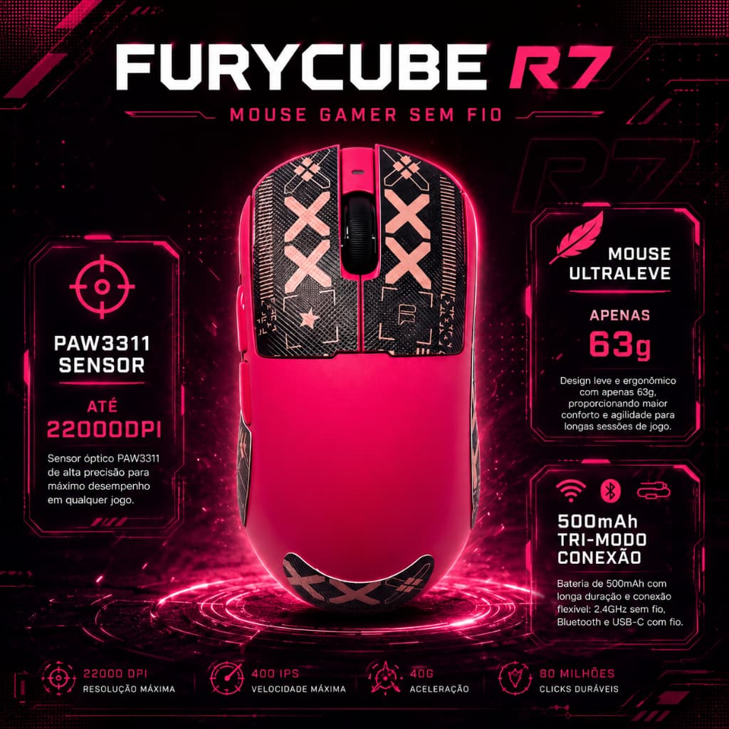 Rosa Mouse Gamer FURYCUBE R7 Sem Fio BT 2.4g PAW3311 12000DPI 300IPS Ultra-leve 63g Ergonômico Software  PC Laptop