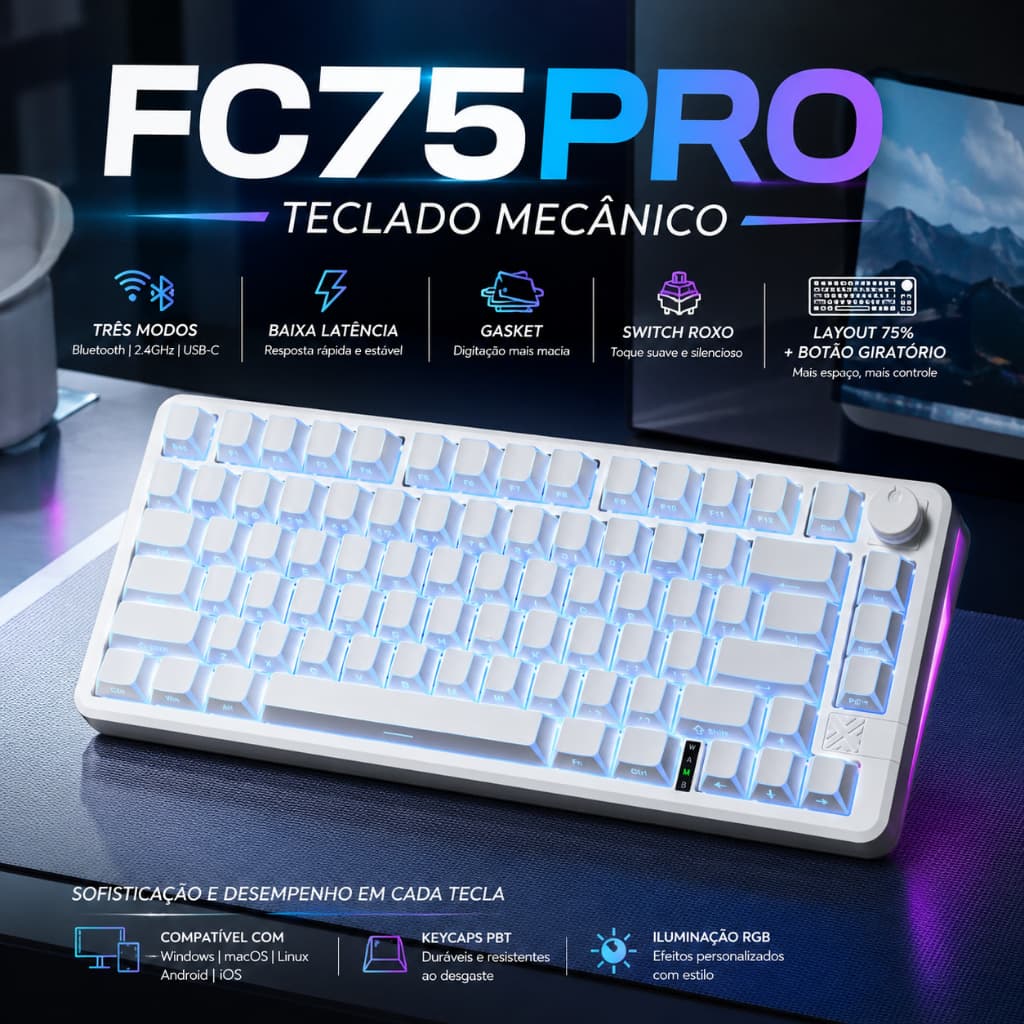 FC75PRO Teclado Mecânico gamer Gasket Bluetooth 2.4G USB Hot Swap Software RGB Anti-Ghosting Baixa latência PC tablet