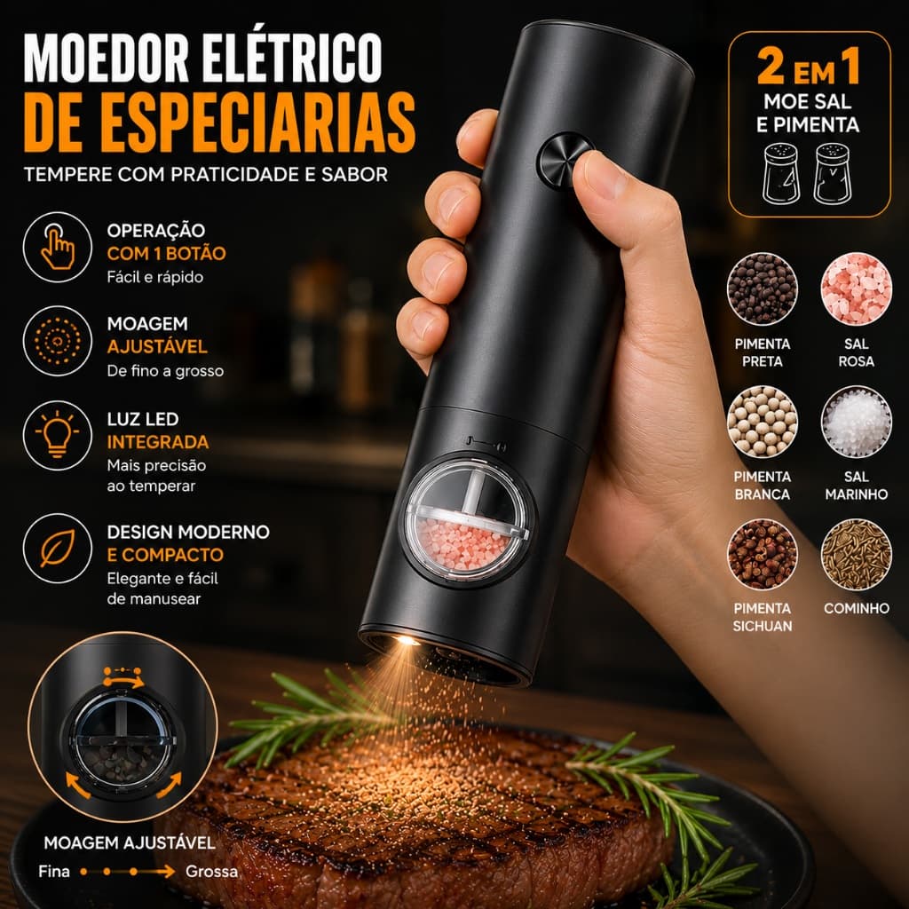 Moedor Elétrico de Pimenta e Sal Automático Ajustável em Aço Inox para Temperos Cozinha