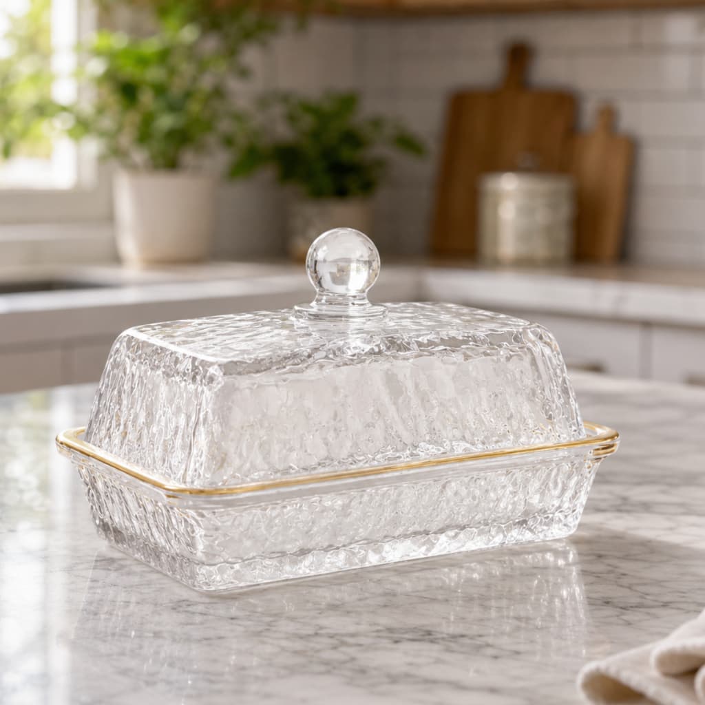 Manteigueira Cristal Martelado Tampa Fio De Ouro Petra Lyor