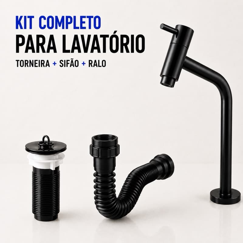 Kit Torneira Link Banheiro Preto 1/4 + Válvula Ralo 7/8 Pia + Sifão Universal 72cm Lavabo Lavatório