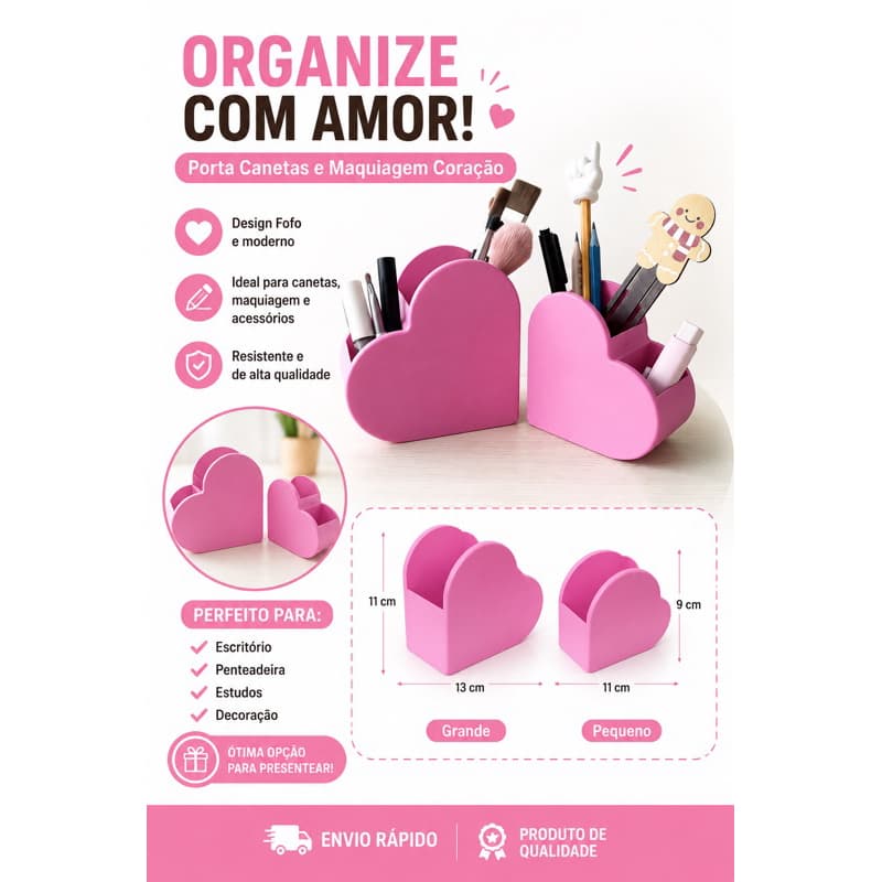 Porta Canetas e Porta Maquiagem Coração Organizador de Mesa Decorativo em PLA 3D