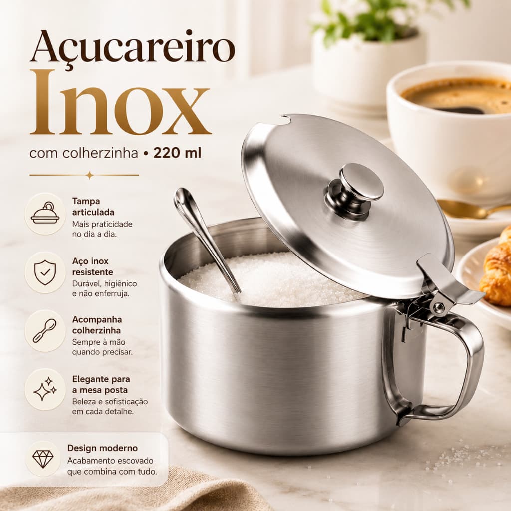 Açucareiro de Aço Inox com Colher - Sofisticação e Praticidade 220ml
