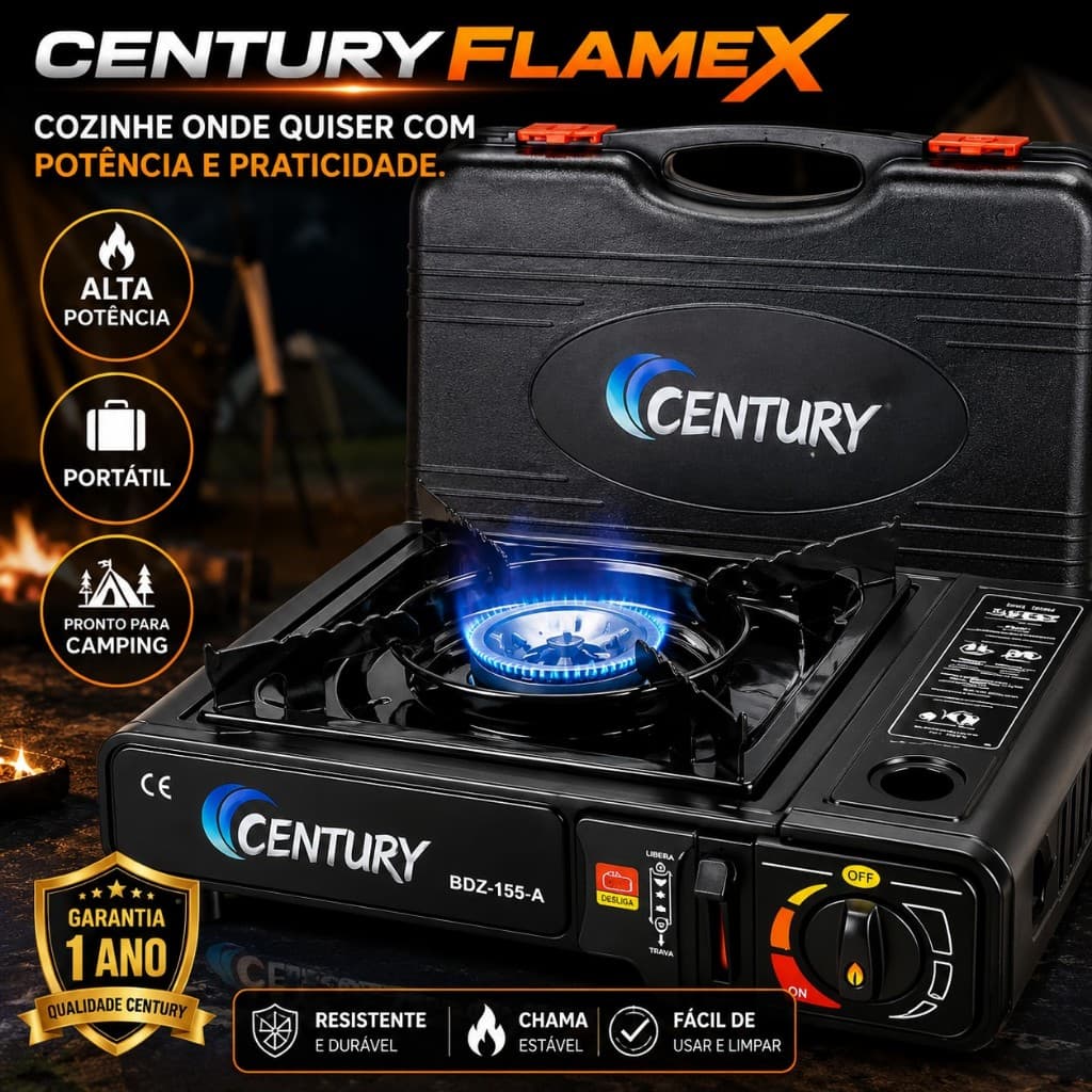 Fogareiro Portátil Century FlameX com Maleta Fogão Camping Gás Chama Ajustável Viagem Pesca