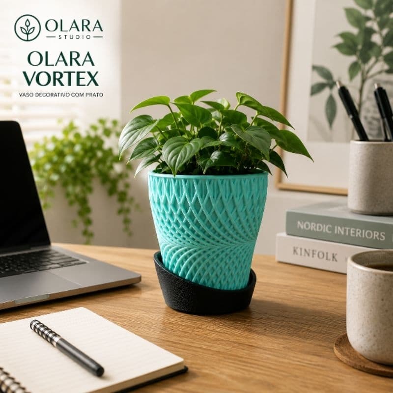 Vaso Decorativo Olara Vortex com Prato | 11x10 cm | Vaso para Plantas em PLA Premium
