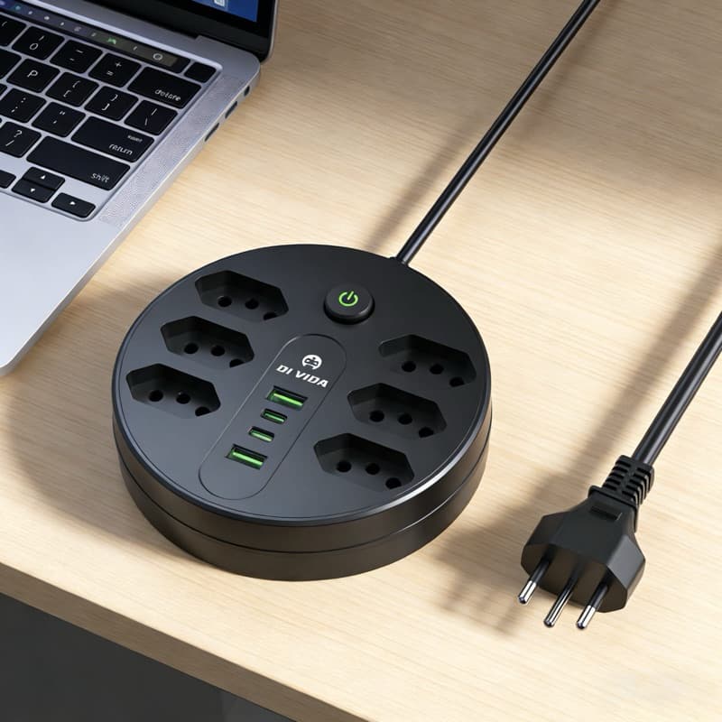 Filtro de Linha / Extensão Elétrica Redonda com 6 Tomadas + 4 Portas USB – Cabo 2 Metros – Bivolt