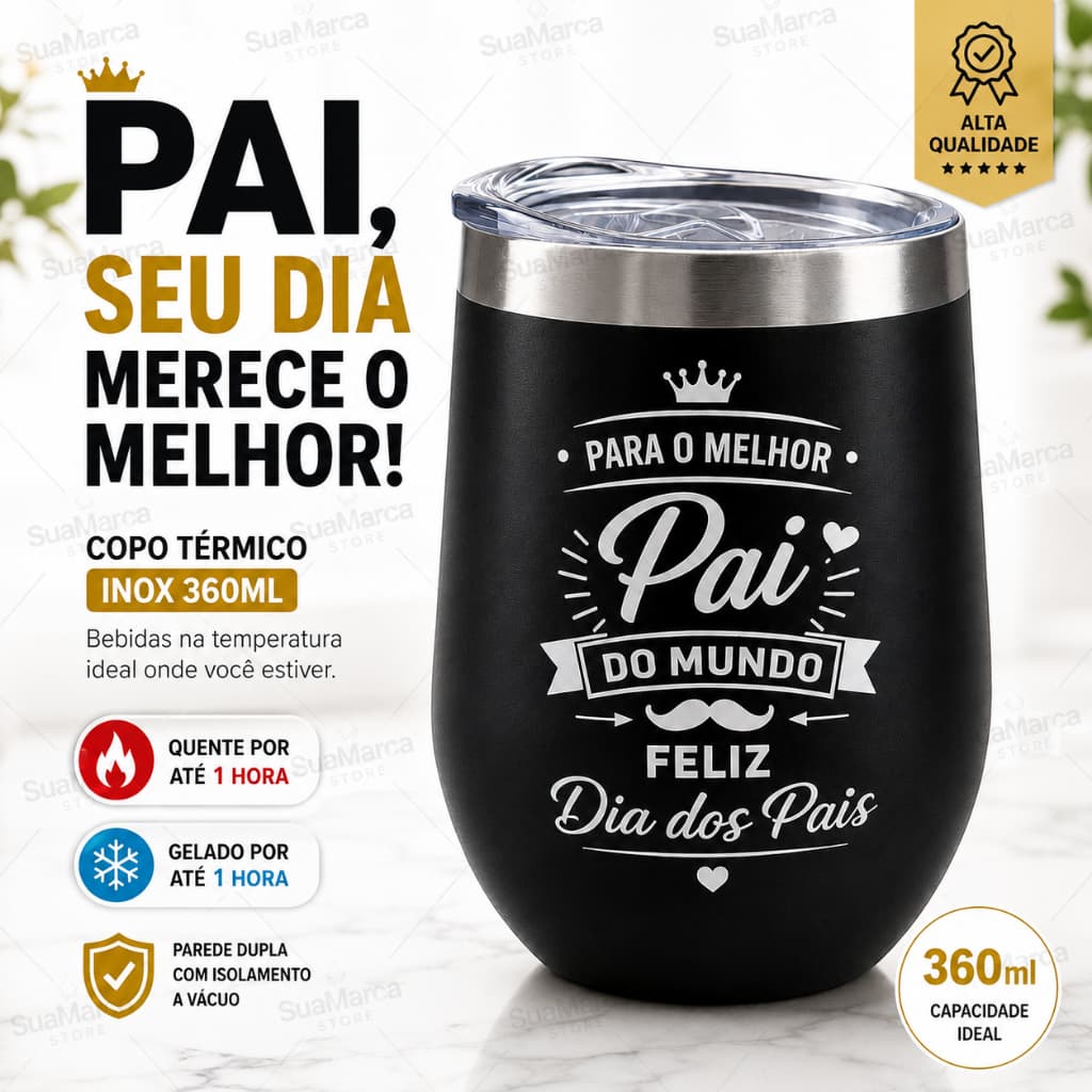 Copo Cuia Caneca Dia do Pais Térmico Inox 360ml Tampa Personalizado Vácuo Mantém Quente Frio Laser