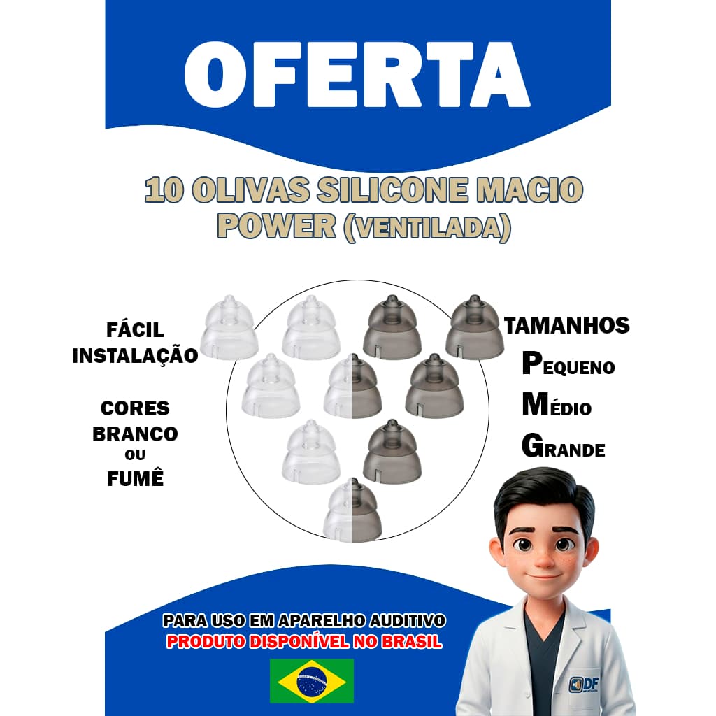 Pacote Com 10 Olivas Silicone Power ( Ventilada ) para Aparelho Auditivo P M G