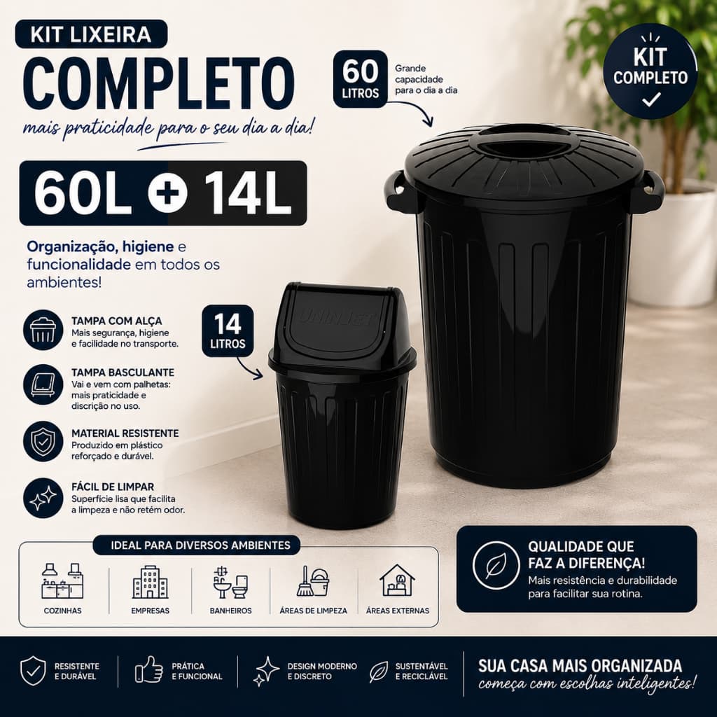 Kit Balde 60 Litros Lixeira 14 Litros Basculante Kit Lavanderia