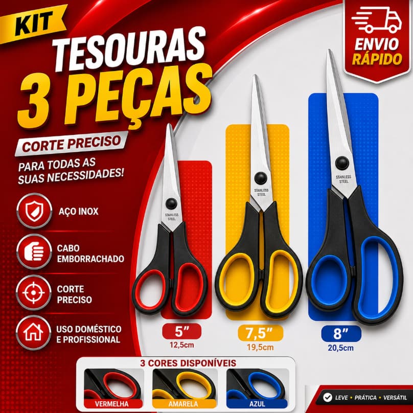 KIT 3 Tesouras Profissionais em Aço Inox Multiuso Costura Escritório Escolar Artesanato 5,5" 7,5" 8"