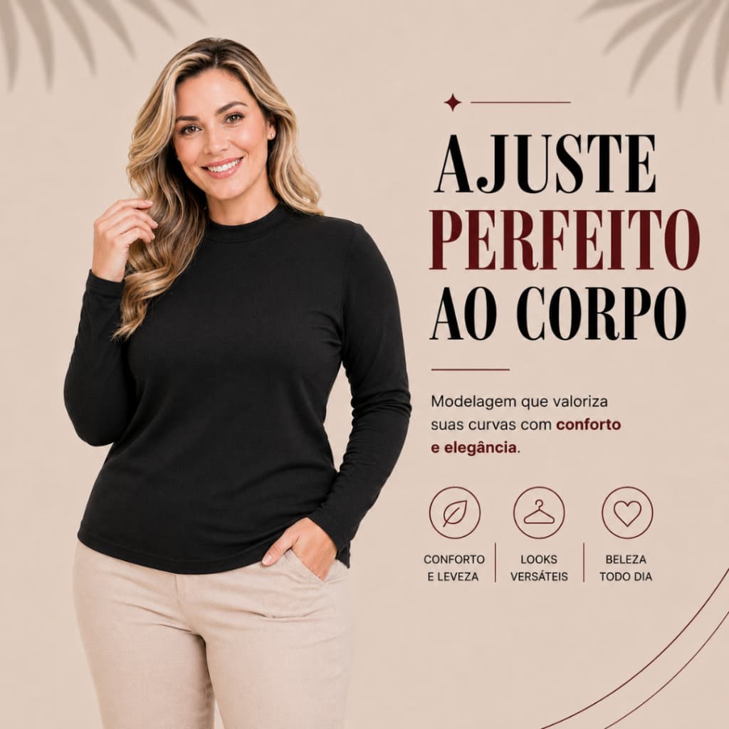 Blusa Feminina Plus Size Básica Gola Alta Manga Longa em Lanzinha Conforto e Elegância