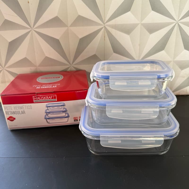 Jogo de pote de vidro hermético com 3 peças retangular p m g com trava para alimentos de geladeira kit conjunto potes