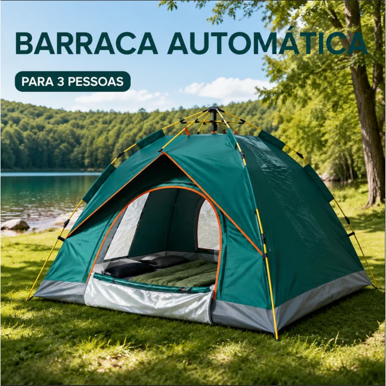 Barraca Camping Automática 3 Pessoas 210x200x135cm Oxford 210D Impermeável 3000mm com Mosquiteiro B3 e 2 Portas