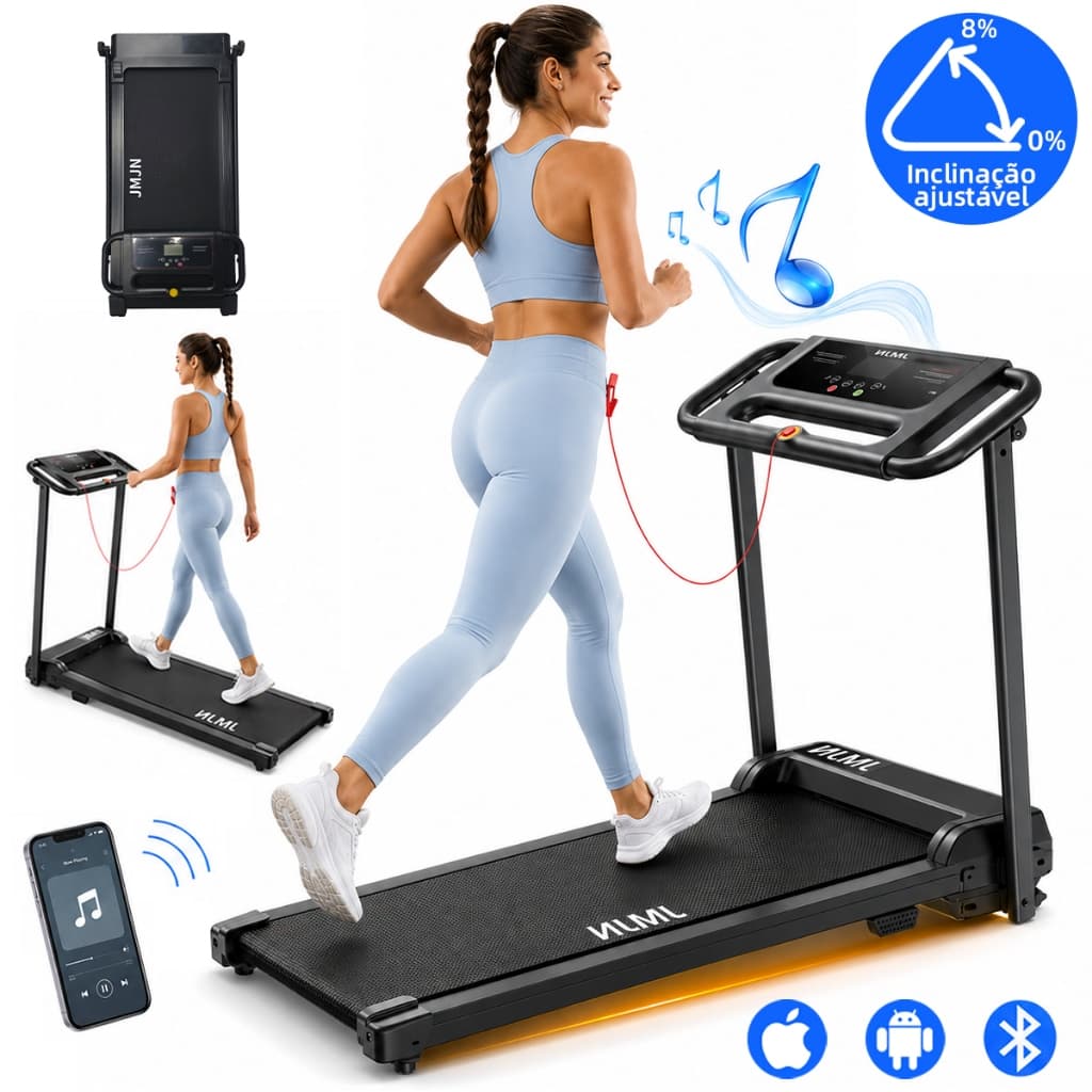 Esteira elétrica doméstica Bluetooth 12km/h Tela LED 3.0HP Silenciosa Academia Residencial Até 120kg Dobrável