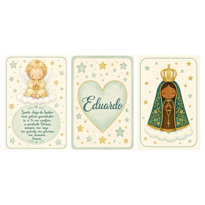 Kit 3 Quadros Infantil Personalizado com Nome Sa criança , Nossa Senhora Aparecida, Santo Anjo e Nome Personalizado