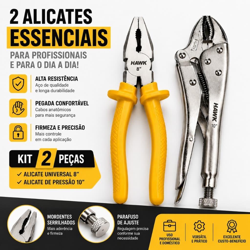 Kit alicates profissionais Universal 8" + Alicate de Pressão 10" aço forjado