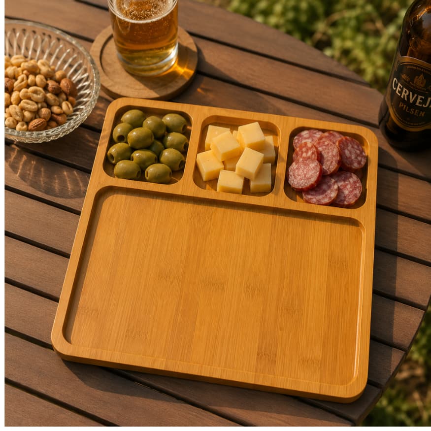 Petisqueira 4 Divisórias 30cm x 30cm Bandeja Bambu Tábua de Frios Churrasco Petiscos