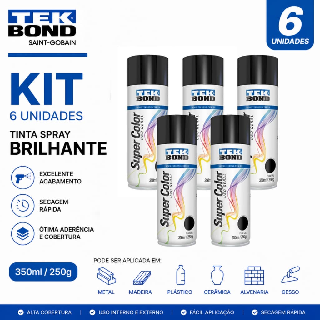 Kit 6 Tinta Spray Super Color Preto Brilhante Tekbond 350ml Preto Brilhante