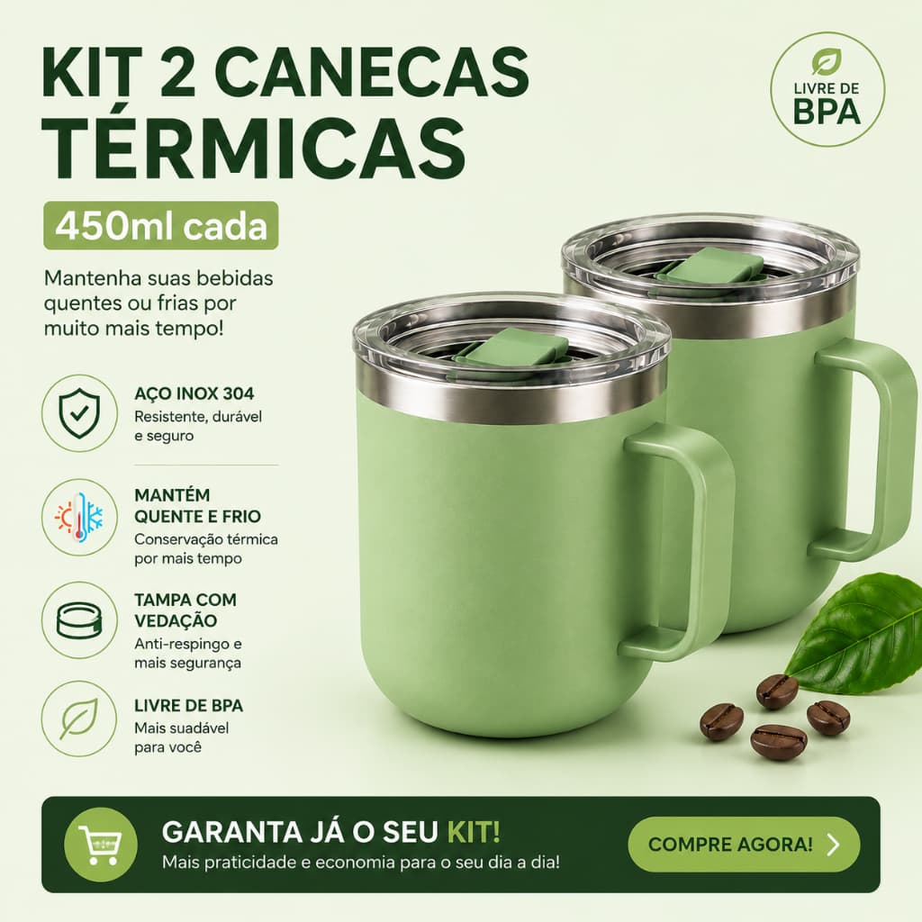 KIT 2 Canecas Térmica Quente ou Gelado 450ml com Tampa Aço Inox Parede Dupla - Cores