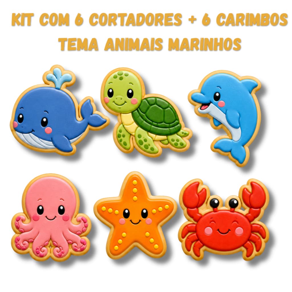 Kit 6 Cortadores de biscoito e marcadores Animais Marinhos - Cookie, Pasta americana, Confeitaria
