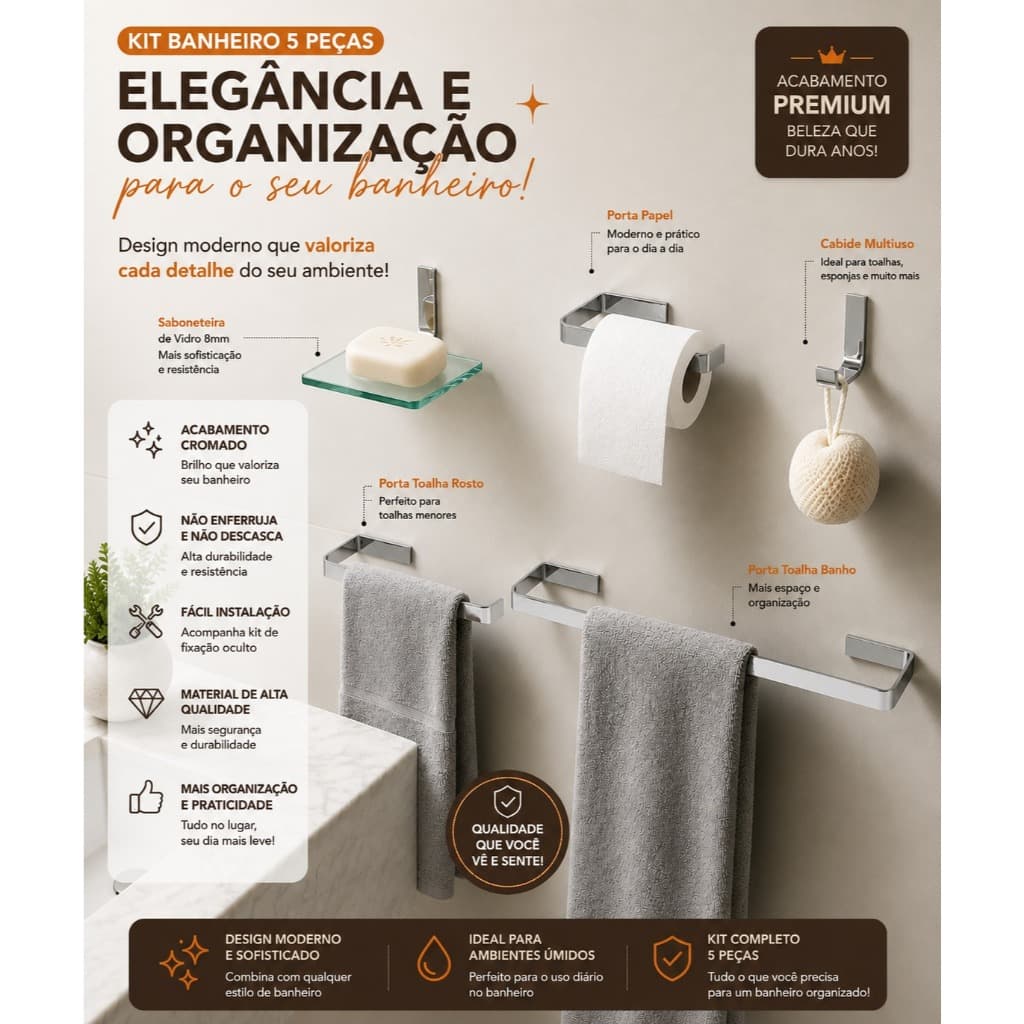 Kit Acessórios Banheiro Luxo 5 Peças Alumínio Polido