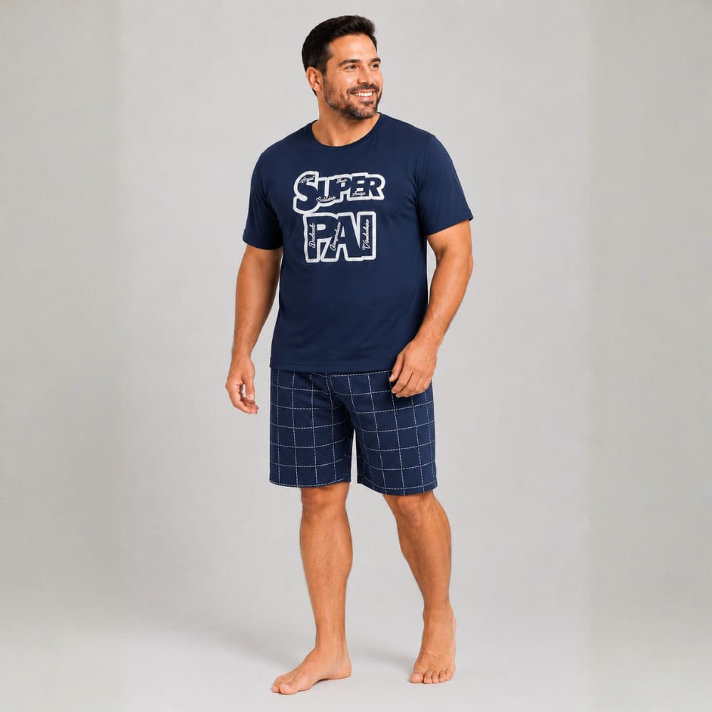 Pijama Masculino Curto Verão Linha Noite Conjunto Manga Curta e Short Malha Confortável Dia Dos Pais