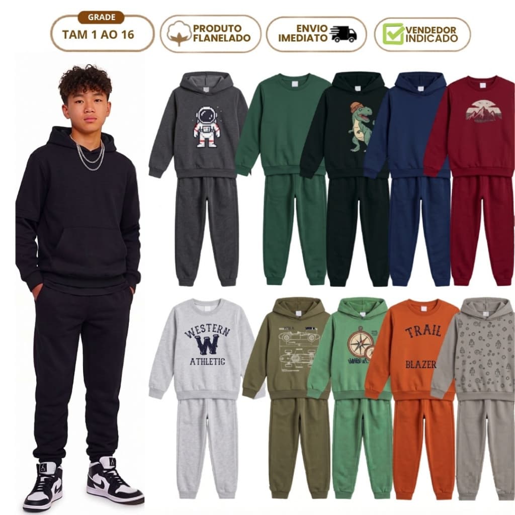 Kit 4 Peças Conjunto de Moletom Menino 2 Blusa Flanelada Infantil 2 Calça com Punho Algodão do 1 ao 16 anos
