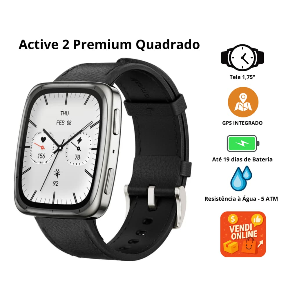 Smartwatch Amazfit Active 2 Premium Tela Quadrada AMOLED GPS Bluetooth Chamada 5ATM Couro Safira