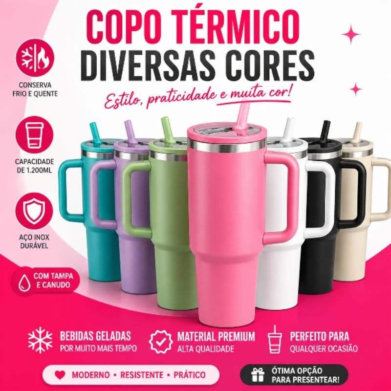 Copo Térmico Inox 1,2L com Alça e Canudo, Tampa Vedada Antivazamento, Base Compatível com Porta-Copos, Aço Inox 304 Test
