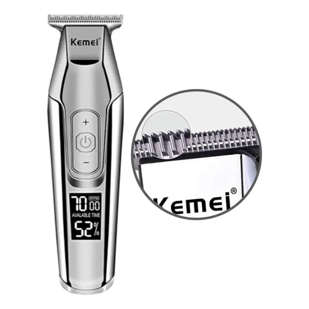 Máquina de Acabamento Kemei T-Blade Profissional Barba Cabelo Display LED Sem Fio USB