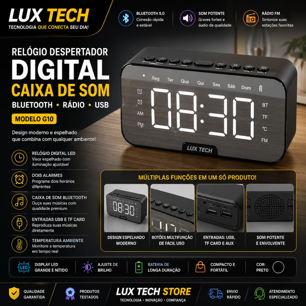 Relogio Despertador Digital Caixa De Som Bluetooth Radio Espelhado USB LED G10 Core:Preto