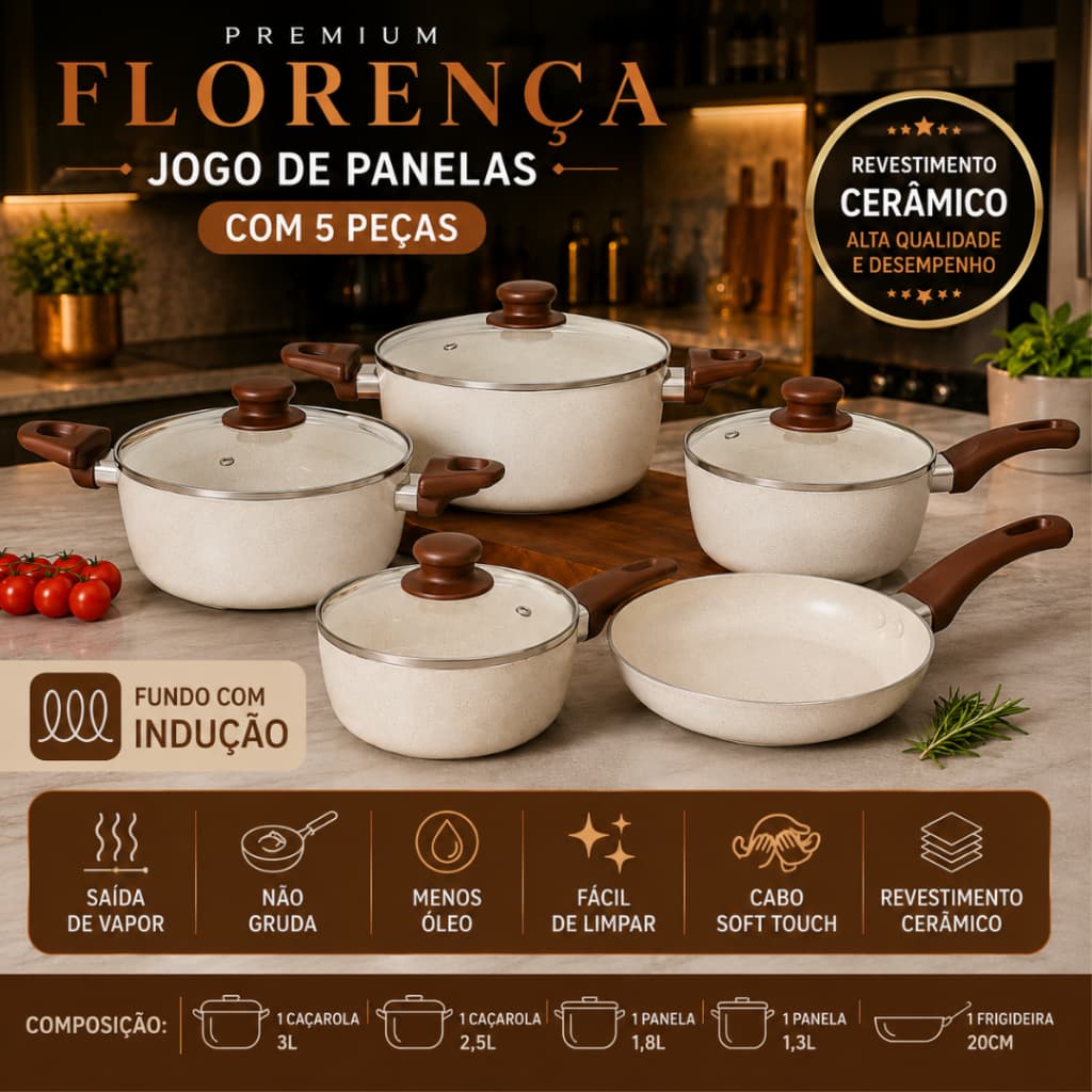 Conjunto de Panelas Florença Vanilla 5 Peças Antiaderente com Tampa de Vidro Indução Cozinha