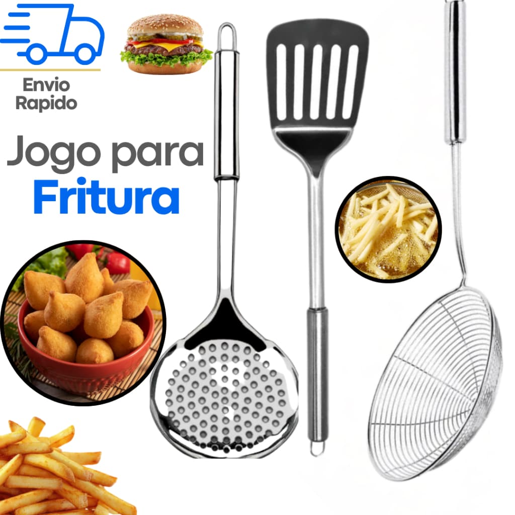 Kit Essencial Inox 3 OU 2 Escumadeiras Profissionais para sua Cozinha  Fritura com Pinça Integrada