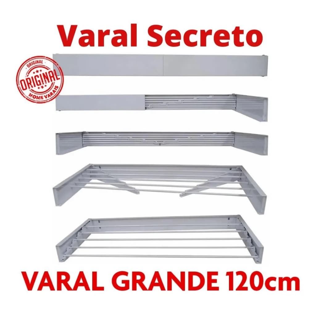 Varal Mágico 120 Cm Retratil 7 Varetas Reforçado Aluminio Discreto - Bitenfer Varais