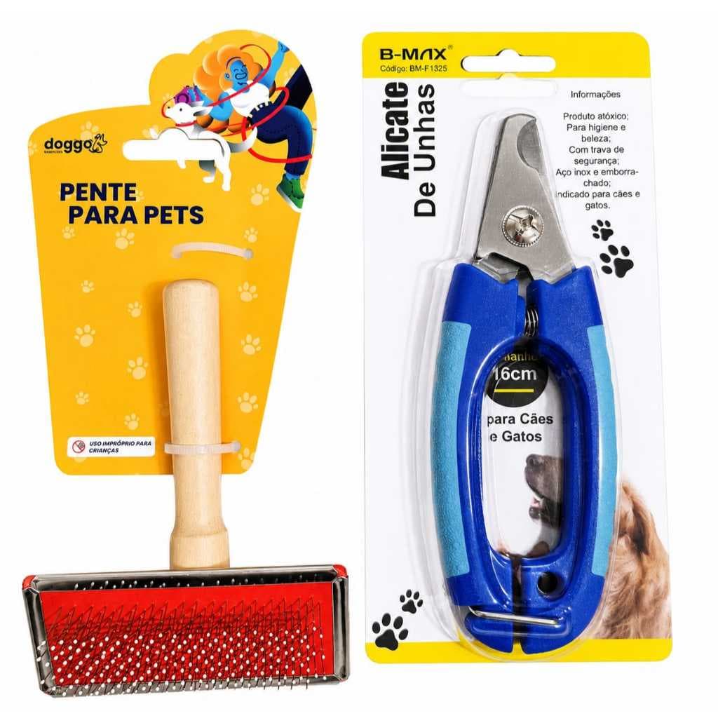 Kit Higiene Pet: Alicate Cortador de Unha + Rasqueadeira Escova para Cães e Gatos | Trava de Segurança e Cabo de Madeira