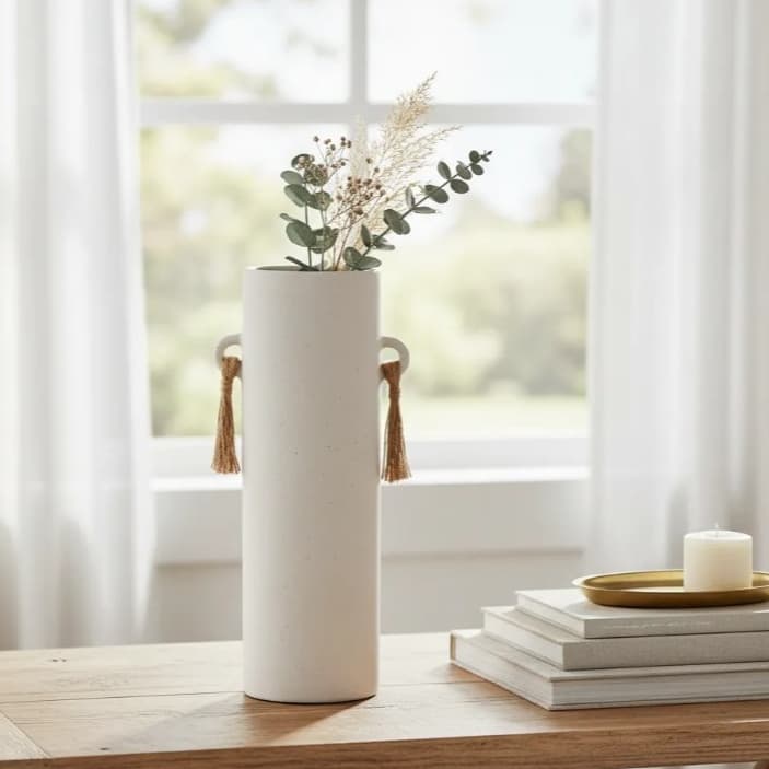 Vaso Decorativo Cilíndrico Tubo Cerâmica com Alça Tassel Fibra Natural 32cm
