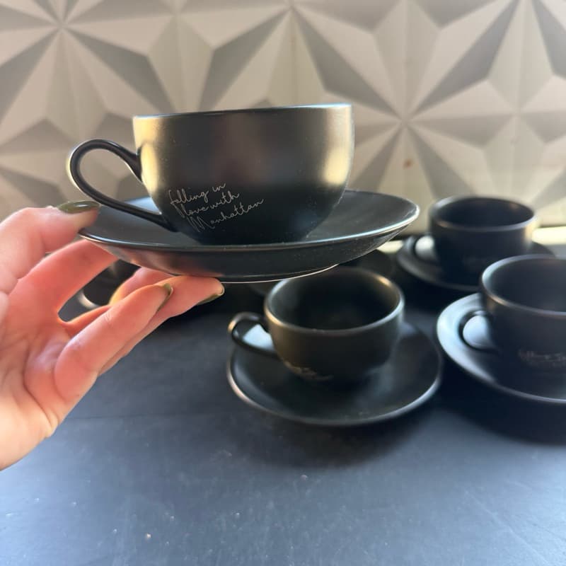 Jogo de xícara de chá de porcelana preto manhattan com 12 peças 6 xícaras 6 pires kit conjunto xícaras canecas pretas
