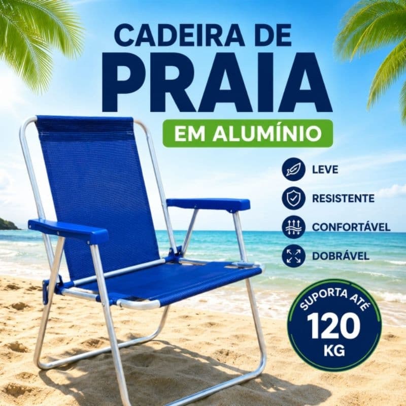 Cadeira de Praia Tecido Sannet em Alumínio Reforçado Cores Lisas Diversas Azul Marinho
