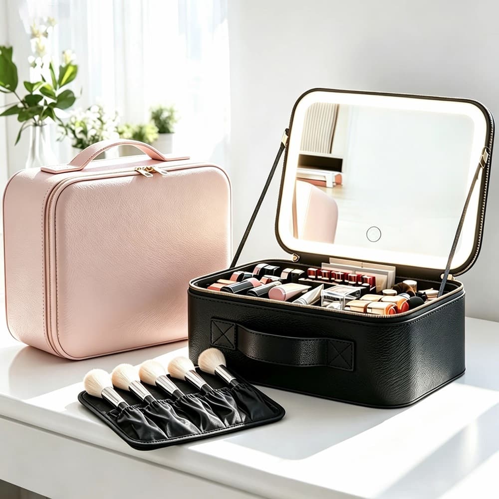 Maleta de Maquiagem com Espelho 3 Cores LED Ajustável para Maior Praticidade Organizador Cosméticos Q10