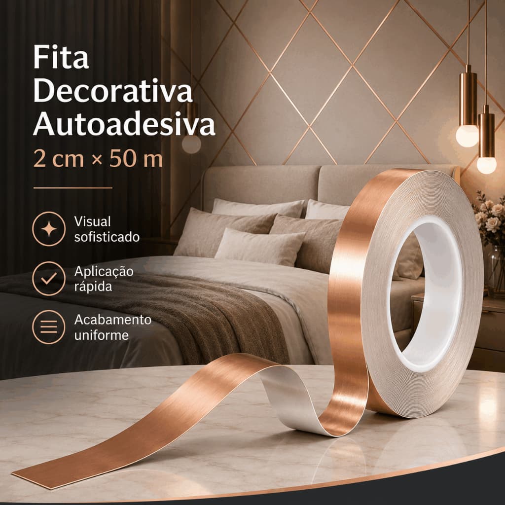 Fita Adesiva Decorativa Dourada Metálica 2cm x 50m Impermeável PVC Autoadesiva para Parede Teto Piso e Móveis