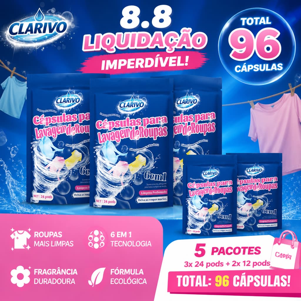 CLARIVO Cápsulas para Lavagem de Roupas 6 em 1, 96 Cápsulas, Limpeza Profunda e Fragrância Duradoura